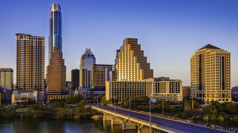 Austin city with Lady Bird Lake and the Congress Ave Bridge