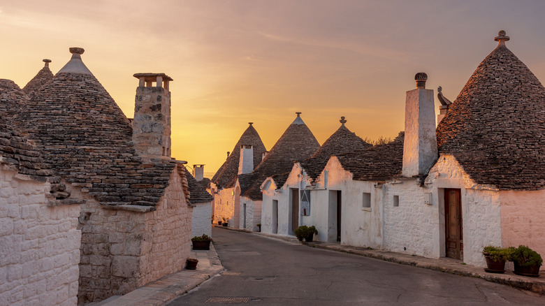 A neighborhood in Alberobello at sunset