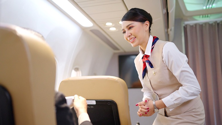 flight attendant speaking to passenger