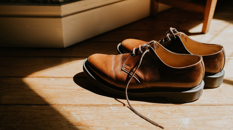 Pair of shoes on wooden floor