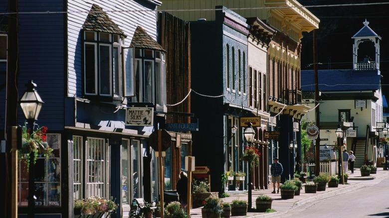 Colorful brick and wood storefronts in downtown Georgetown, Colorado