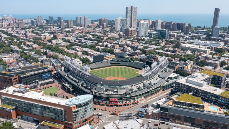 Aerial shot of Wrigleyville in Chicago