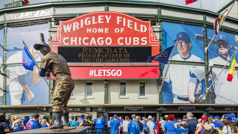 People gathering outside of Wrigley Field