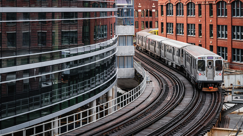 Commuter train on the tracks in Chicago