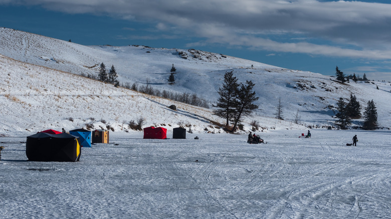 Ice fishing shacks on Lake Winnipeg