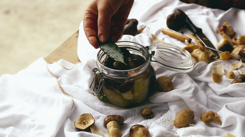 Local delicacies of mushrooms, oil, and a bay leaf