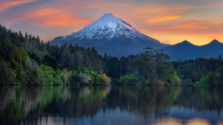 Still lake reflecting forest and New Zealand's Mount Tanaki in background