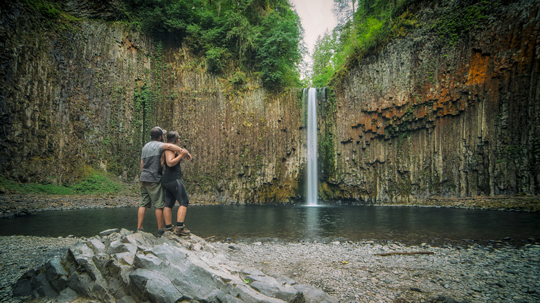 Visitors exploring the Abiqua Falls basin