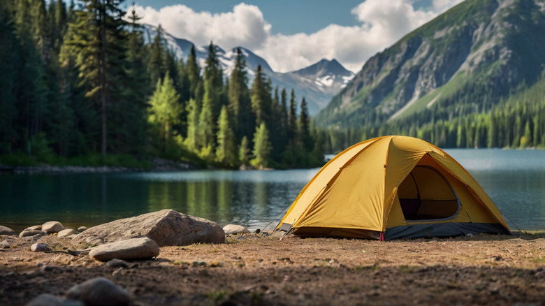 A yellow tent on the shore of a mountain lake