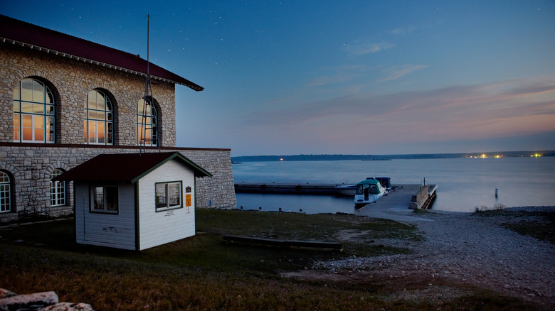 boathouse overlooking harbor at dusk on Washington Island in Wisconsin