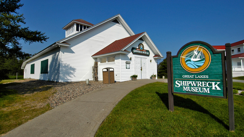 The outside of a shipwreck museum on the coast of Lake Superior