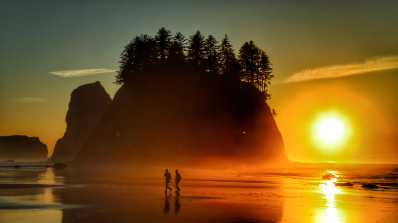 Visitors walking on Second Beach La Push Washington at sunset