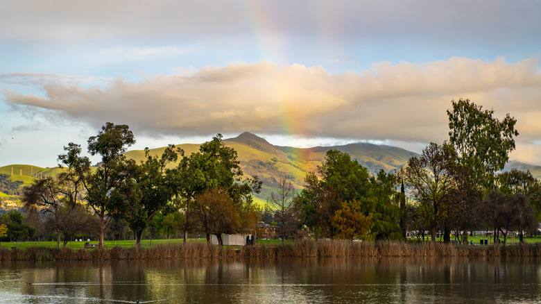 A rainbow appears over Mission Peak near Fremont, California