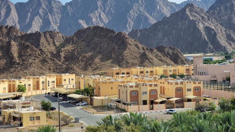 Residential buildings at the foot of Hatta's mountains