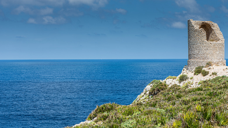 View of the Capo Rama Tower in Terrasini, Sicily