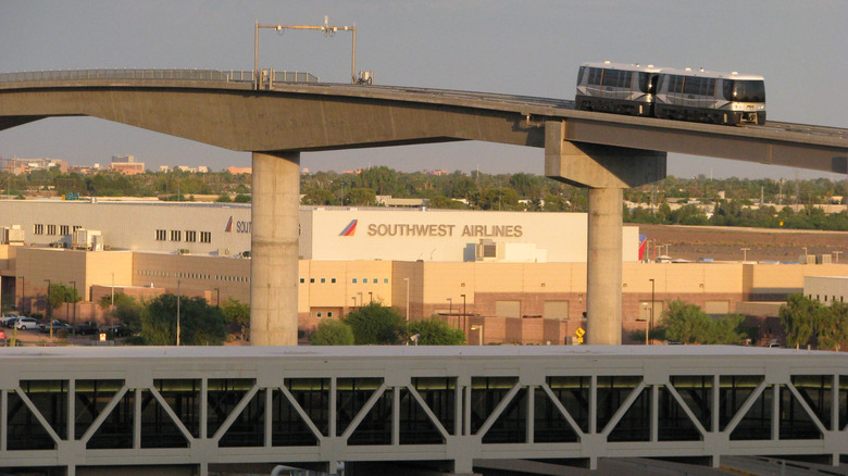 The Phoenix light rail passes by Sky Harbor Airport