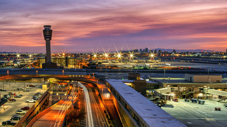 Aerial view of Phoenix Sky Harbor Airport at sunset