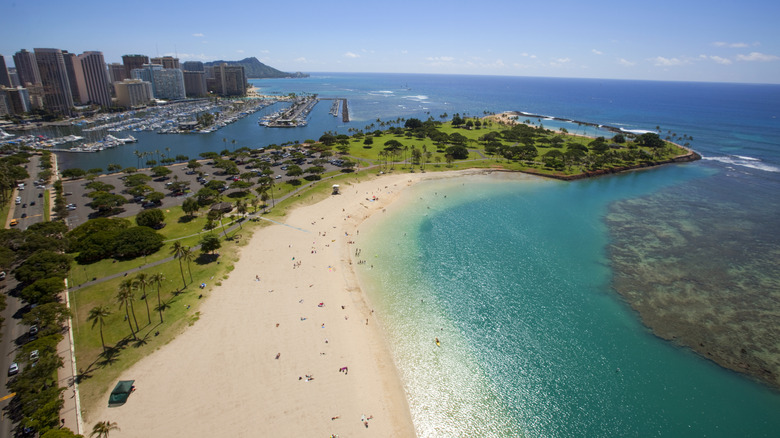 Aerial view of Ala Moana Beach in Oahu, Hawaii