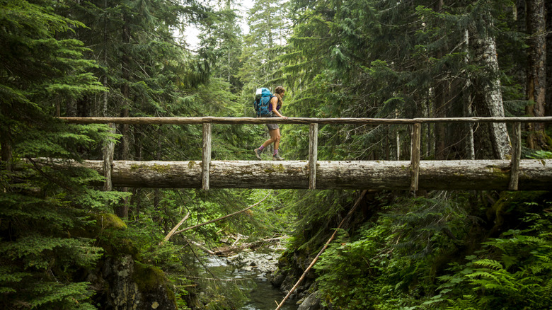 backpacker crossing a bridge in Olympic National Park