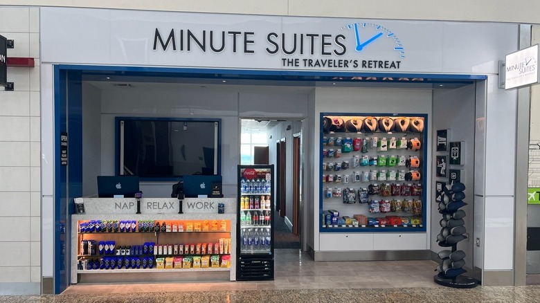 Minute Suites Kiosk with shelves of traveler items