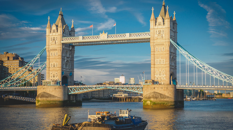 boat passing near Tower Bridge