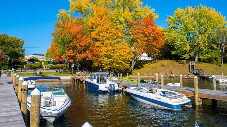 Boats docked on Lake Winnipesaukee