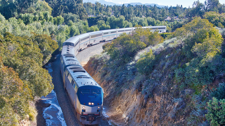 An Amtrak train runs through a canyon in the western U.S.