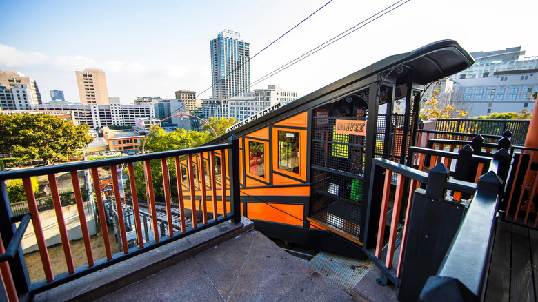 The Angels Flight Railway car is parked at the top of its track