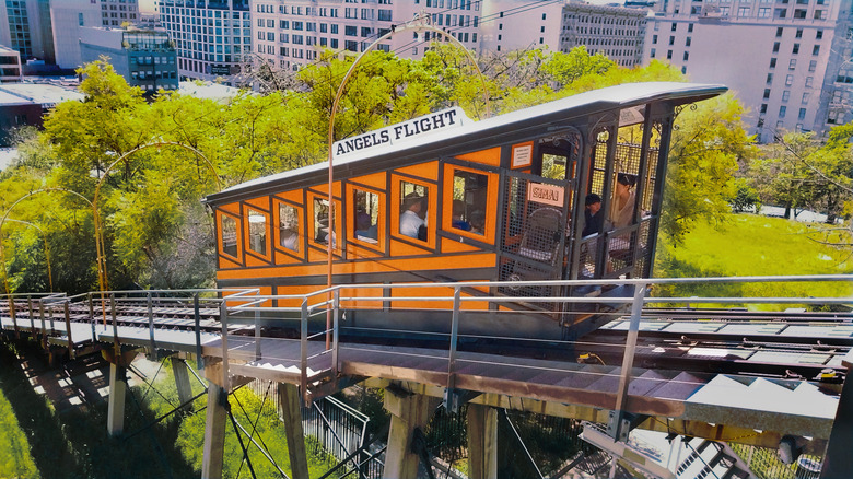 The Angels Flight Railway car moves along its track