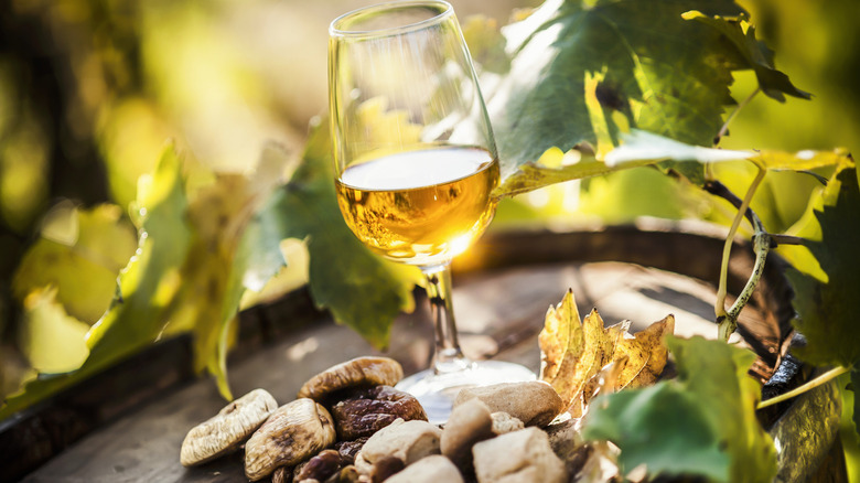 A glass of passito wine surrounded by vine leaves and charcuterie.