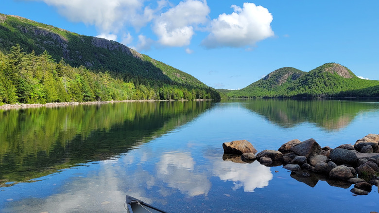 Landscape view of Jordan Pond with forest in background