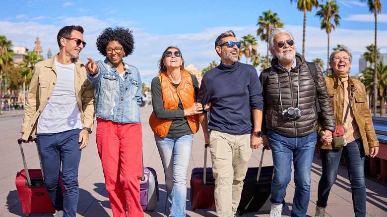 smiling travel group pulling suitcases