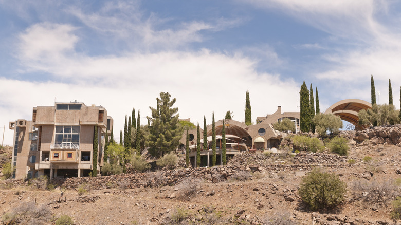 Geometric desert buildings and blue sky