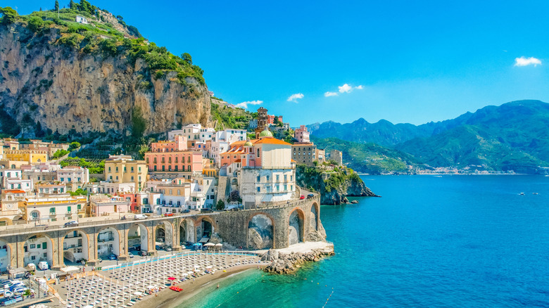 Panoramic shot of the Amalfi coast and turquoise waters