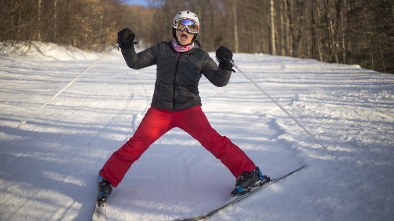 Person skiing with a silly face