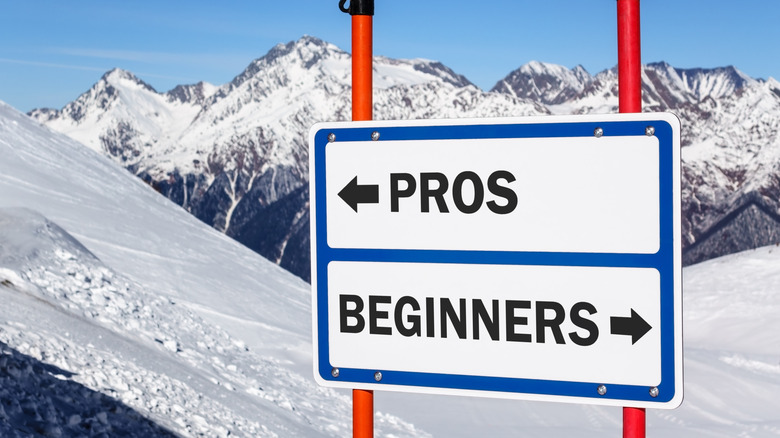 Pros and beginners sign on snowy mountain