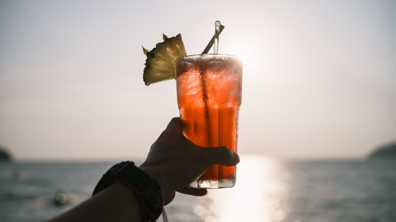 A hand holds a cocktail toward the sun and water