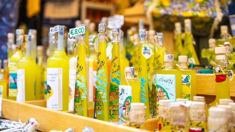 Bottles of limoncello in shop