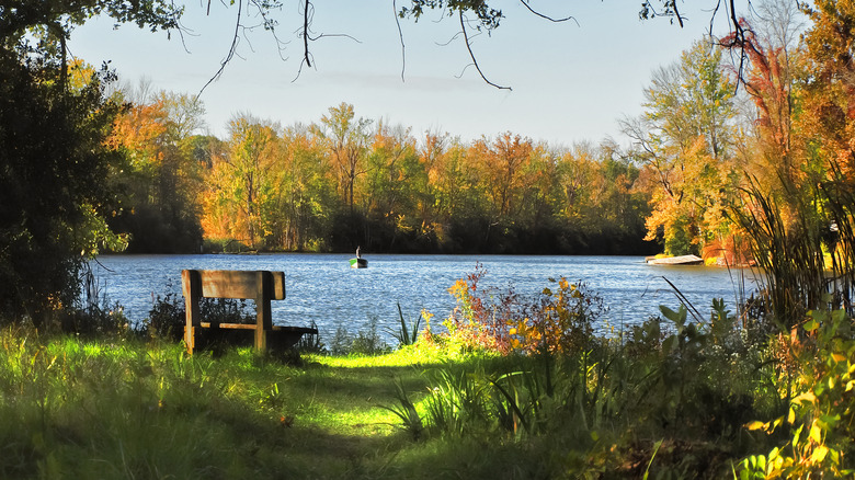 A bench overlooking the water in Onondaga Lake Park near Syracuse, NY