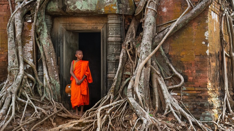 Young monk stands in ruins of Prasat Prang Temple