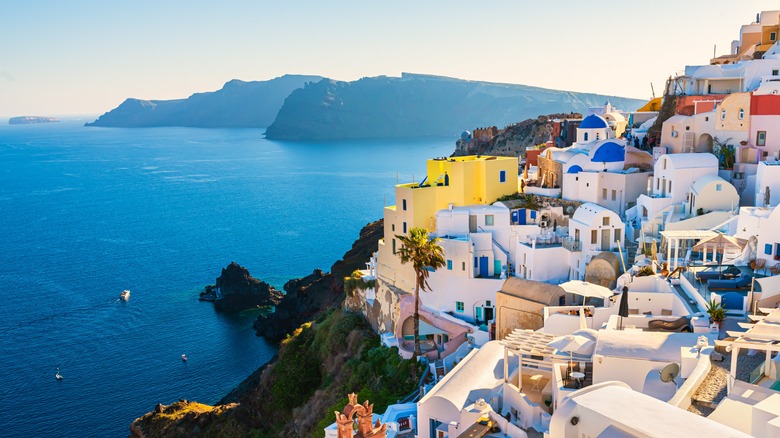 Santorini hillside with colorful homes