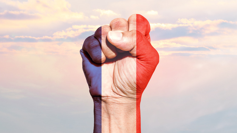 Fist painted in French flag colors