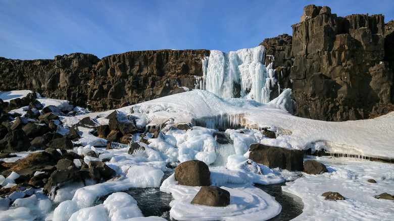 Frozen waterfall in Iceland