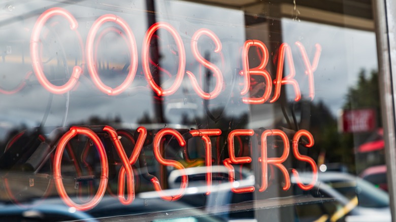Neon sign advertising Coos Bay oysters