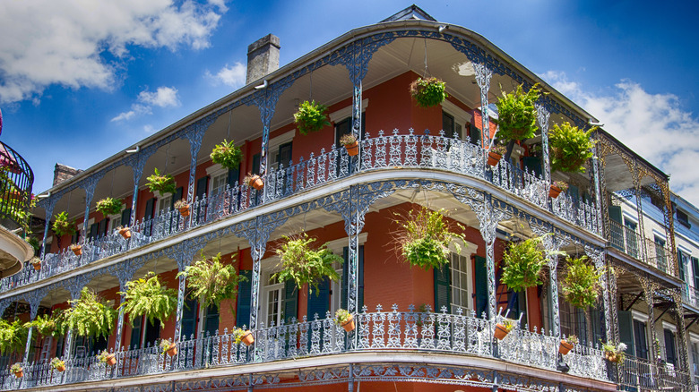 Ornate verandahs surround an antique building in New Orleans' French Quarter