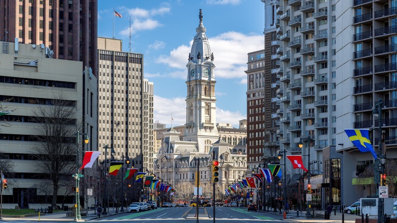 International flags decorate skyscrapers in Center City Philadelphia