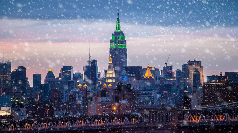 snow falling new york skyline