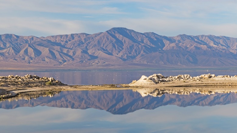 Mountains reflected in Salton Sea