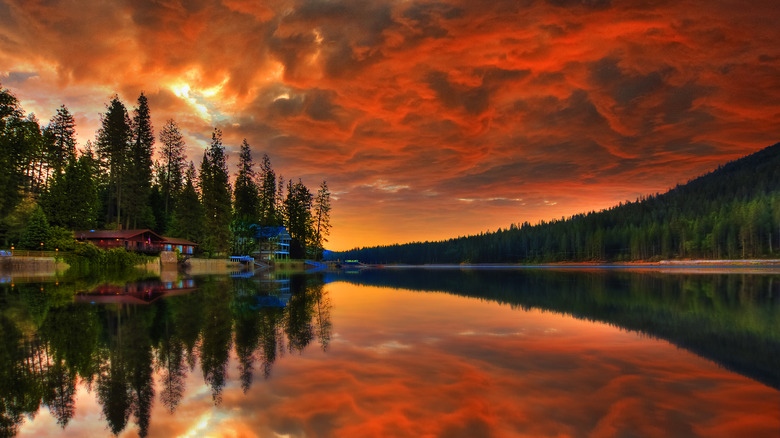 Orange and red skies reflecting on Bass Lake