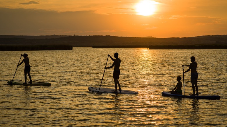 Family paddleboarding on vast expanse of water